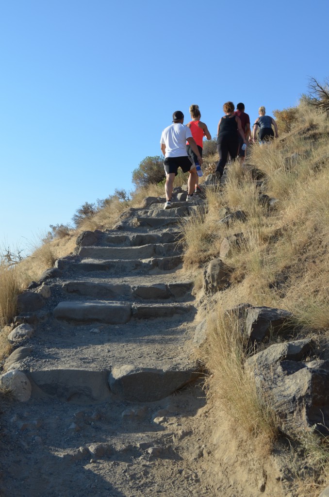 Climbing the steep, rough steps on the Badger Mountain Canyon Trail