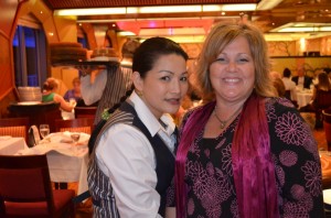 Waitress Charunet with Denise on our Carnival Glory Caribbean cruise