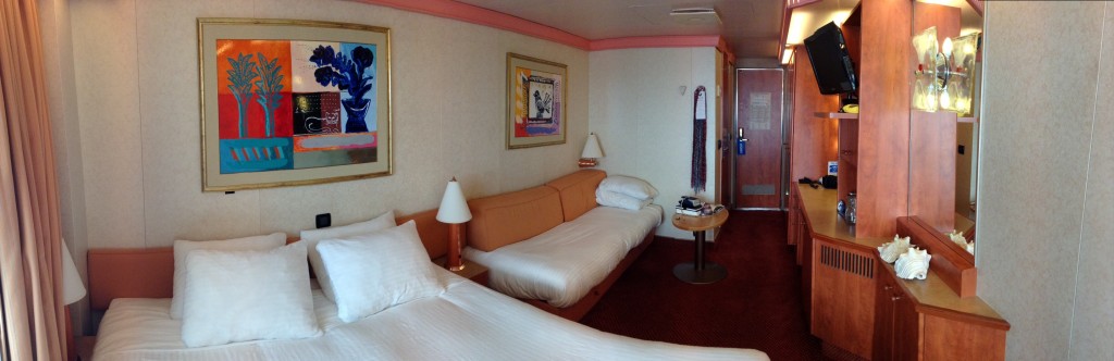 Panorama Pic of our Stateroom #8379 on the Carnival Glory looking from the Balcony Door