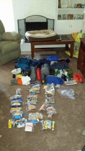 Joe's pre-trip pile of supplies and food