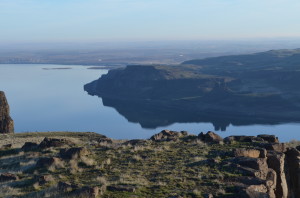 Twin Sisters reflecting in the Columbia River as viewed from the top of Wallula Gap
