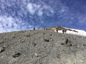 Coming down from the summit on loose gravel on Mt. Adams