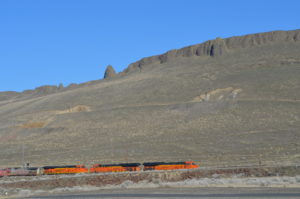 BN train from McNary Tunnel Trail with Basalt Cliffs in Background