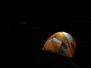 Tent on Lunch Counter, Trout Lake lights in valley below